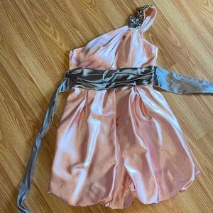 pink and grey one shoulder dress